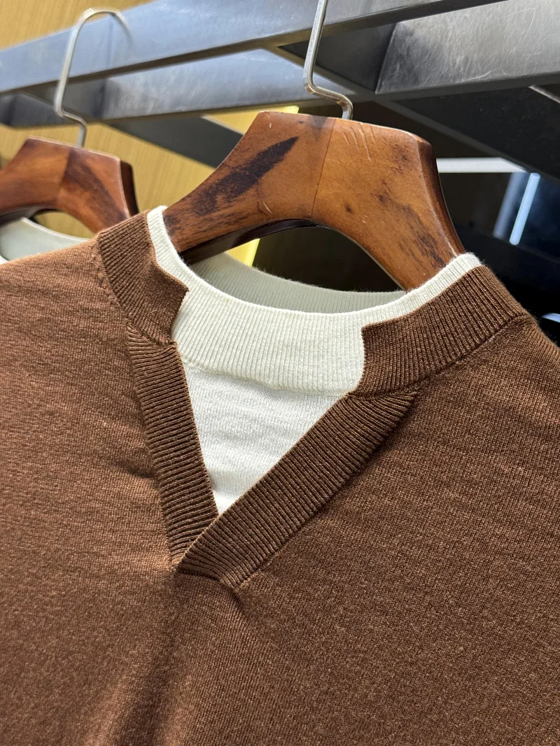   Suéter de punto informal para hombre, conjunto de ocio de rayón y lana de acetato falso de dos piezas, combina con todo, otoño e invierno, calidez en V