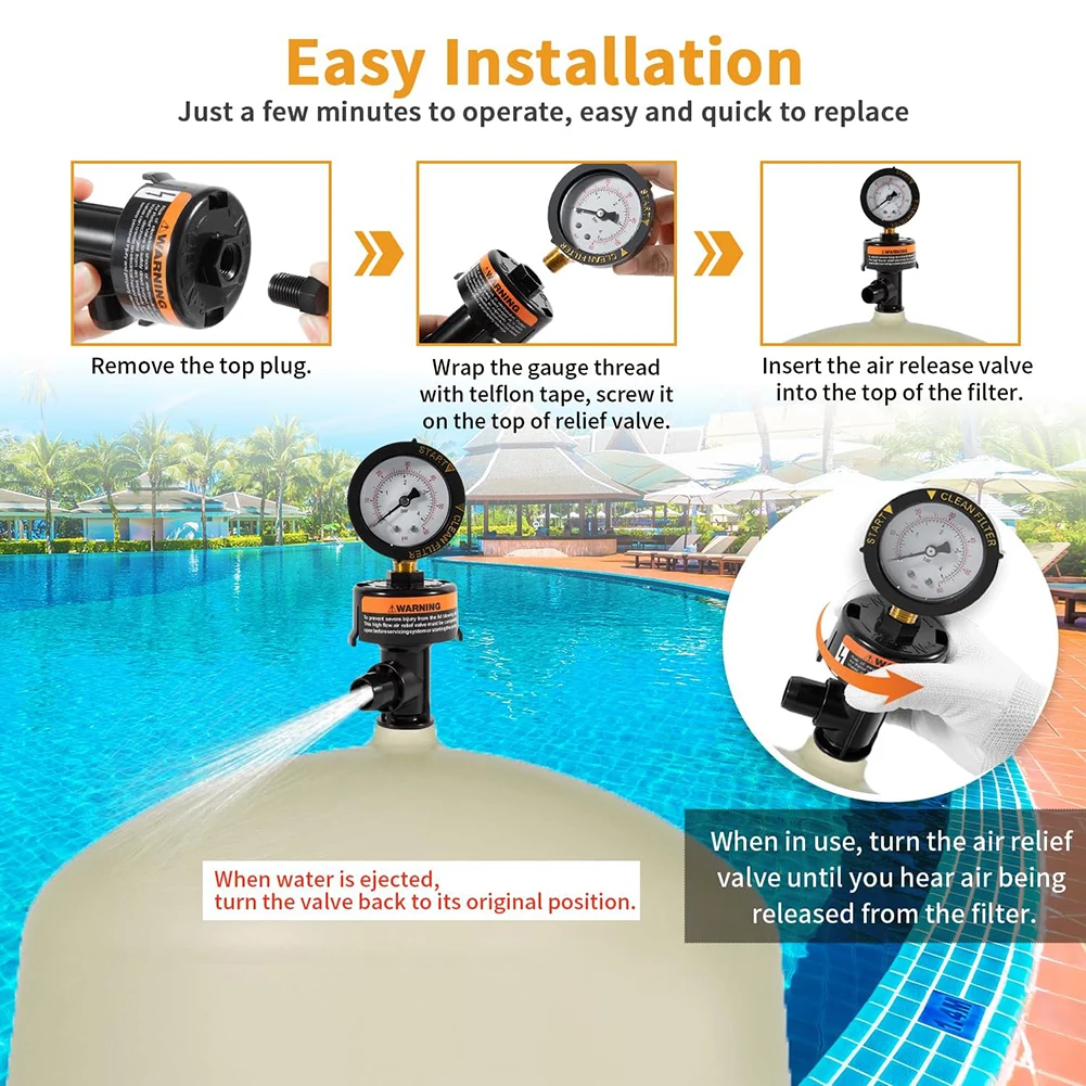 98209800 Pool Filter With Pressure Gauge Manual Air Release Valve Kit High Flow Air Pressure Relief Valve Replace Parts