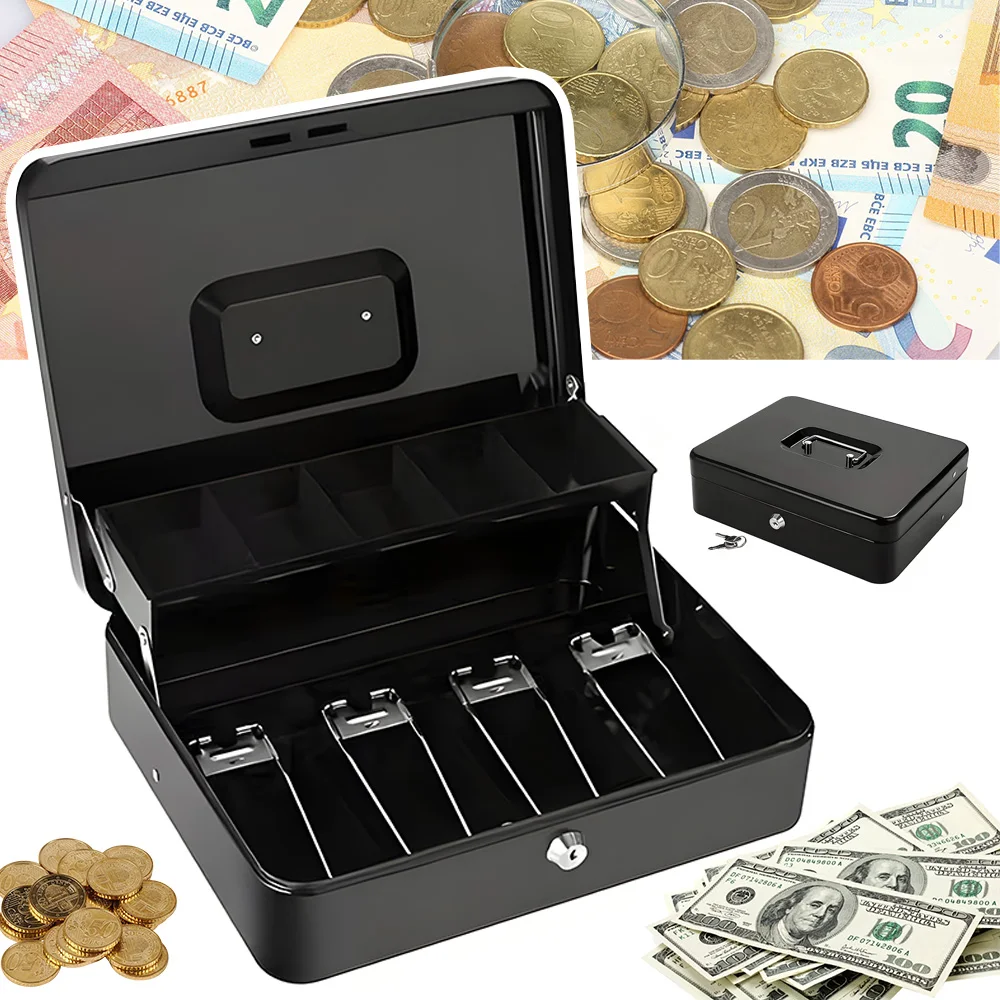 Tirelire avec clé - Boîte à monnaie avec serrure - Petite boîte à monnaie verrouillable avec plateau pour pièces de monnaie, billets et espèces, adaptée aux écoles, supermarchés, maisons et patios.