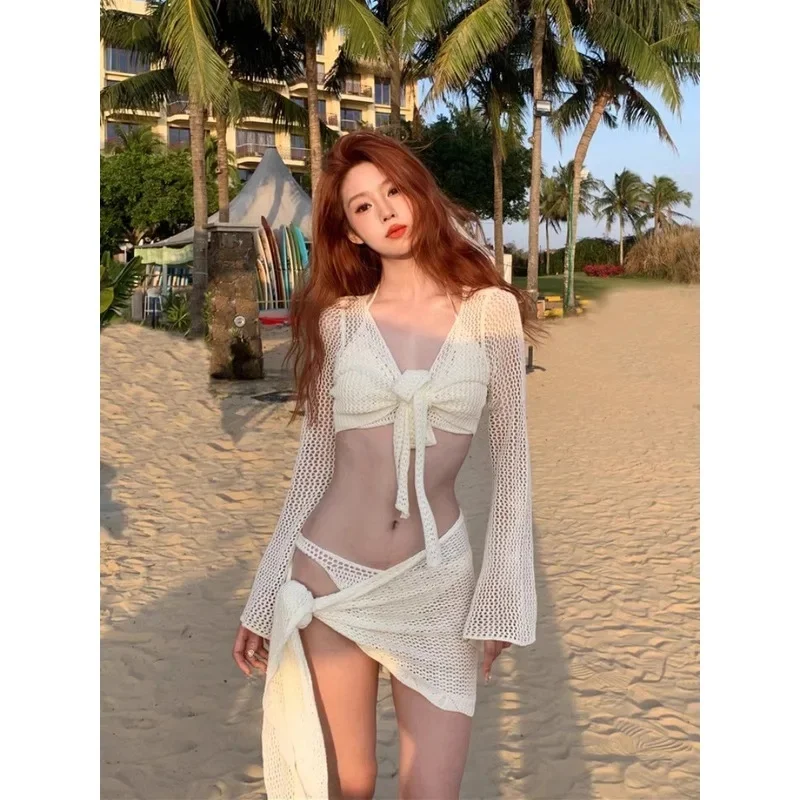 Sexy 4 Piece Lace Up Bikinis Set Women Swimsuit Solid Long Sleeve Cover Up with Skirt Swimwear New Push Up Bathing Suit Bikini