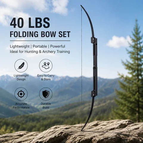 40LBS Black Folding Bow and Arrow Set Folding Bow Set with Storage Bag Aluminum Alloy Portable Right Hand 12 Fiberglass Arrows 5 Target Sheets Arm Guard Finger Tab Arrow Rest for Hunting Target Shooting Outdoor Training Practice