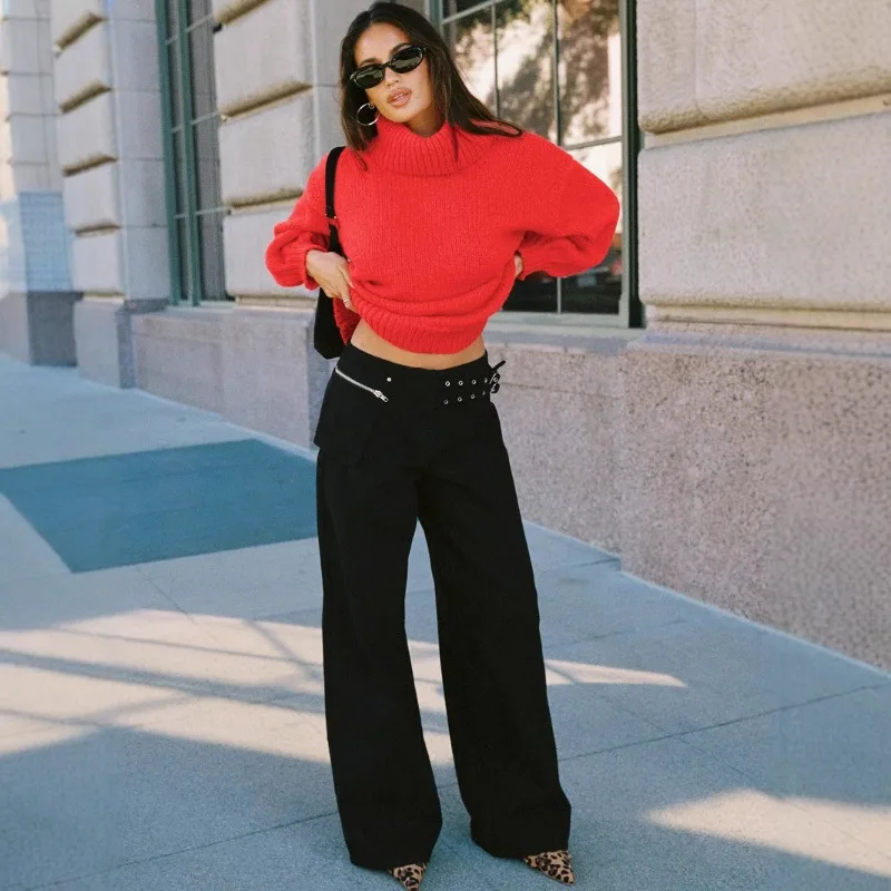 2025 Personalized Street Adjustable Buckle Waist Side Pocket Details Loose Trousers