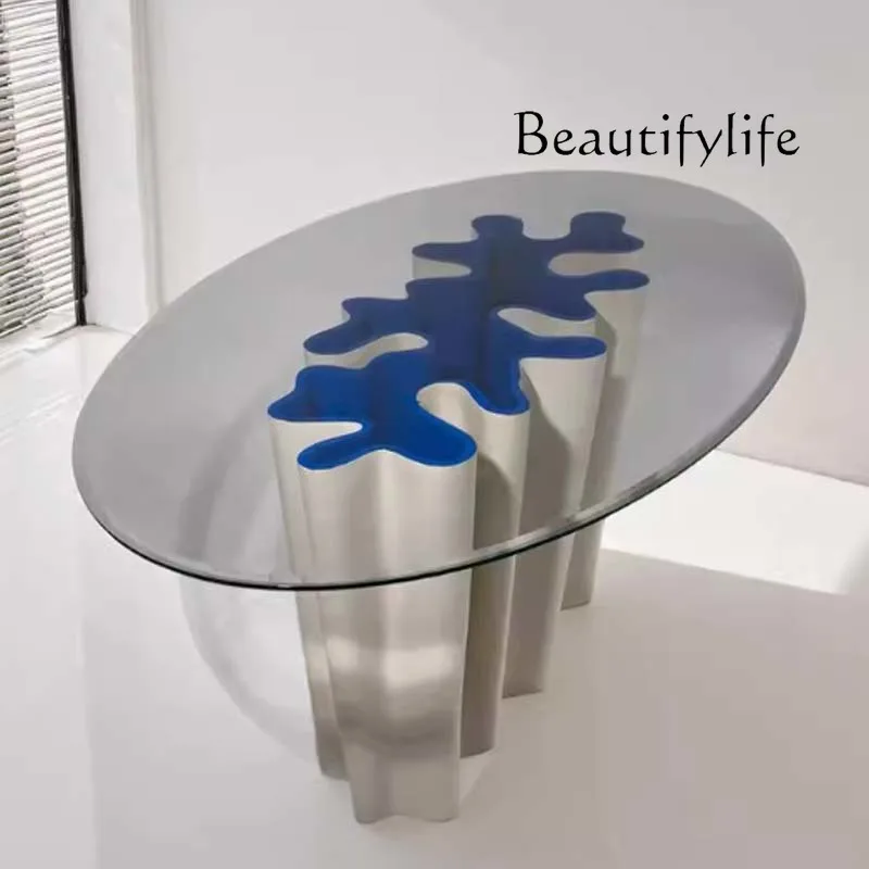 

Italian light luxury fiberglass wave dining table art living room high-end modern simple model room villa oval table