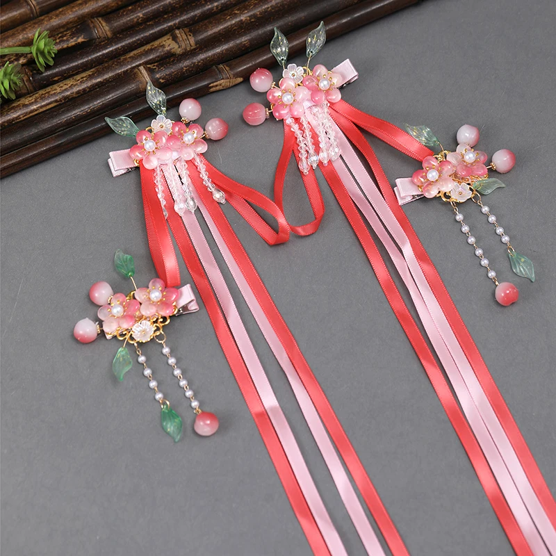 Red Satin Ribbon Hair Accessories with Dangling Tassels Ancient Chinese Style Hanfu Ornaments for Girl Traditional Festival Gift