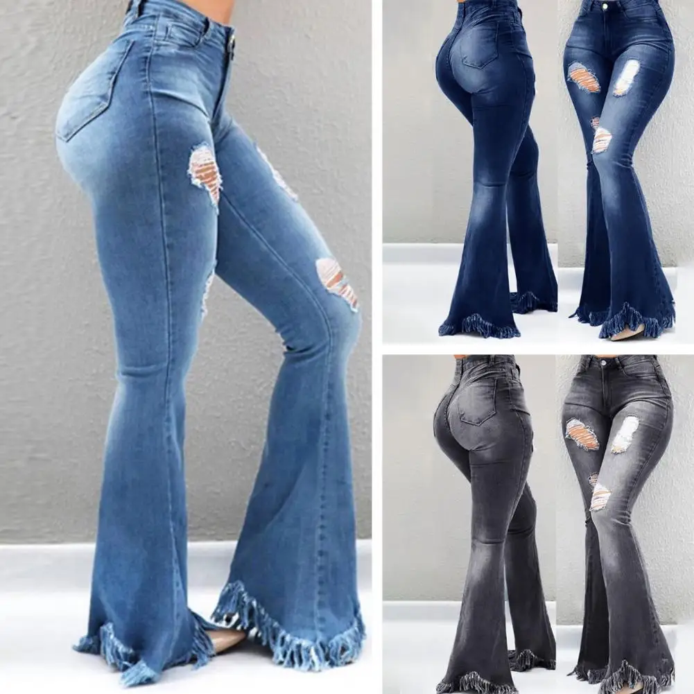 Women Flared Jeans Stylish Women's Autumn Denim Flared Pants High Waist Ripped Holes Tassel Cuffs Pockets Trendy for Fashionable