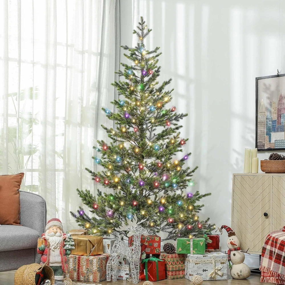 

7ft Artificial Prelit Christmas Tree, Sparse Realistic Cedar Tree with Dual Color LED Lights and 2931 Tips and Remote