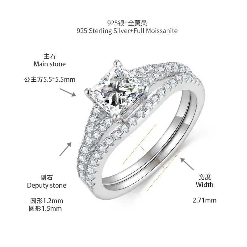 LinkerLove 925 Silver Stackable 1CT Moissanite Ring Princess Cut Diamond Engagement Ring Gift for Women Split Shank Wedding Band