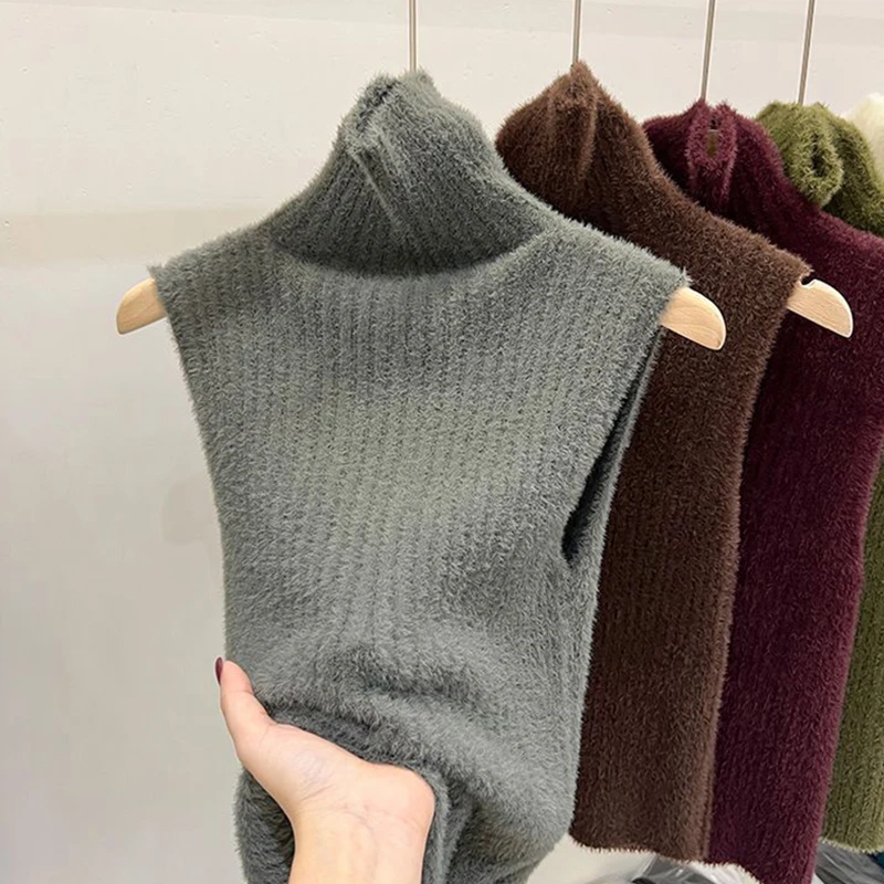 Turtleneck Sweater Vest Women Cropped Sleeveless Knitted Pullovers Jumper Vintage Solid Waistcoat Knitwear Korean Slim Tank Top