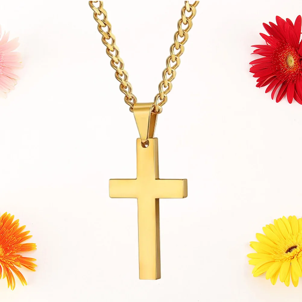 

Cross Decor Necklace Simple Titanium Steel Decor Necklace Pendant Gift for Woman Man Male (Golden, With Chain)