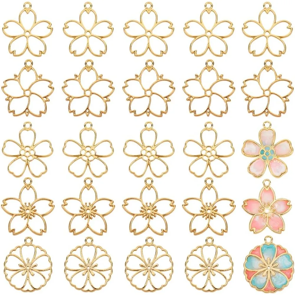 

30pcs Blossom Open Bezel Pendants Flower Charms 5-Shape Hollow Frame Dangle Charms Making Kits for DIY UV Resin or Pressed