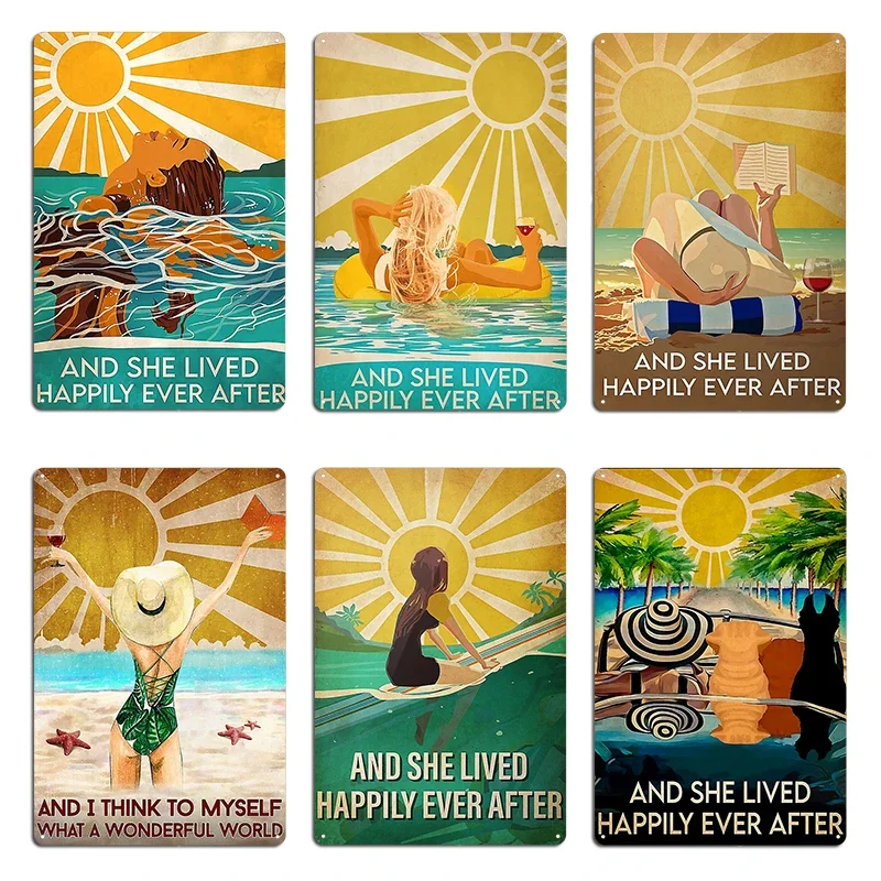 And She Lived Happily Ever After Girl Reading Book And Red Wine Metal Classic Vintage Custom Retro Wall Mural Tin Sign Poster