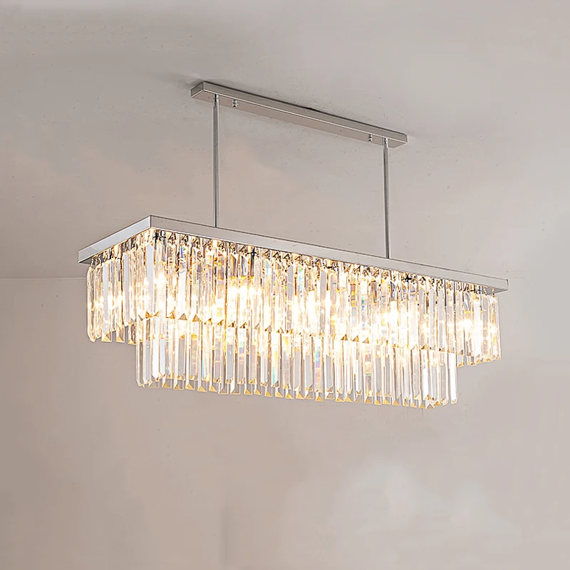 Moderne Led Kristallen Kroonluchters Voor Woonkamer Eetkamer Rechthoek Hangende Hanglamp Zilver Roestvrij Staal Luxe Decor Licht