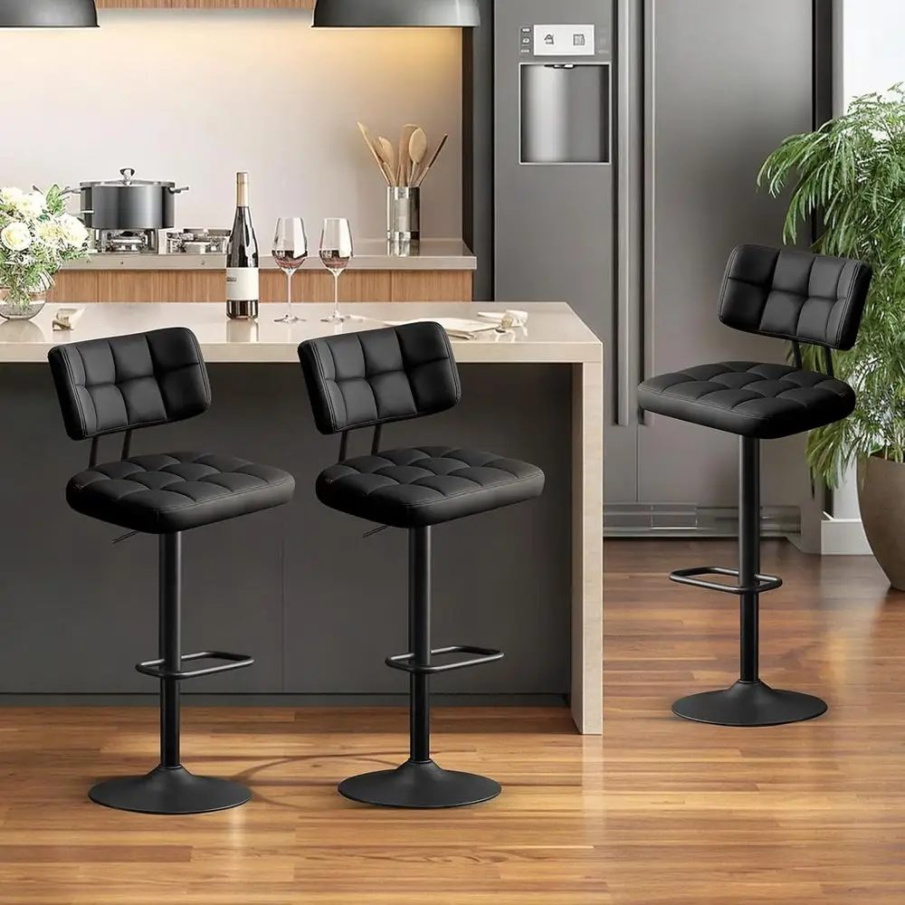 

Set of 3 Leather Upholstered Swivel Bar Stools with Back, Adjustable for Counter Height or Kitchen Island, Black