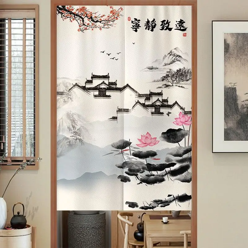 New Chinese Ink Landscape Lotus Fabric Half Curtain Partition No Punching for Home Decor Door Curtain Japanese Noren Style