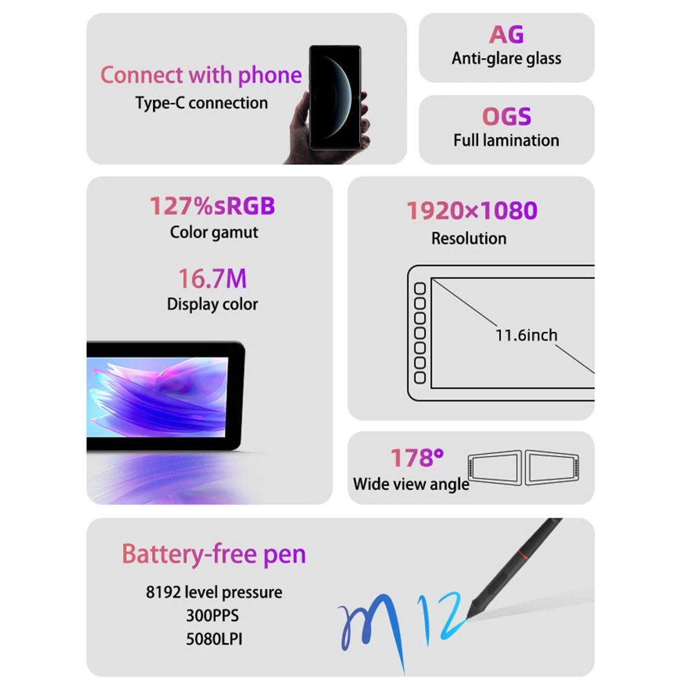 Imagem -02 - Gráficos Desenho Tablet Monitor Ips Lcd Caneta Digital Display 8192 Nível 11.6 Suporta Windows Mac Android os Spaseeba-m12