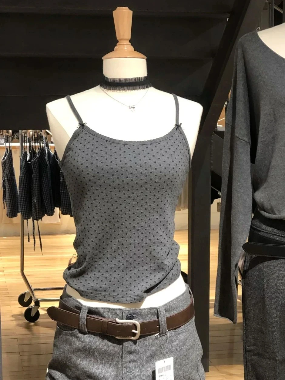 

Dark Gray Black Polka Dot Tank Top Women Two Bows Lace Trim U Collar Camisole Sweet Cute Vintage Casual Crop Tops Y2k Summer New