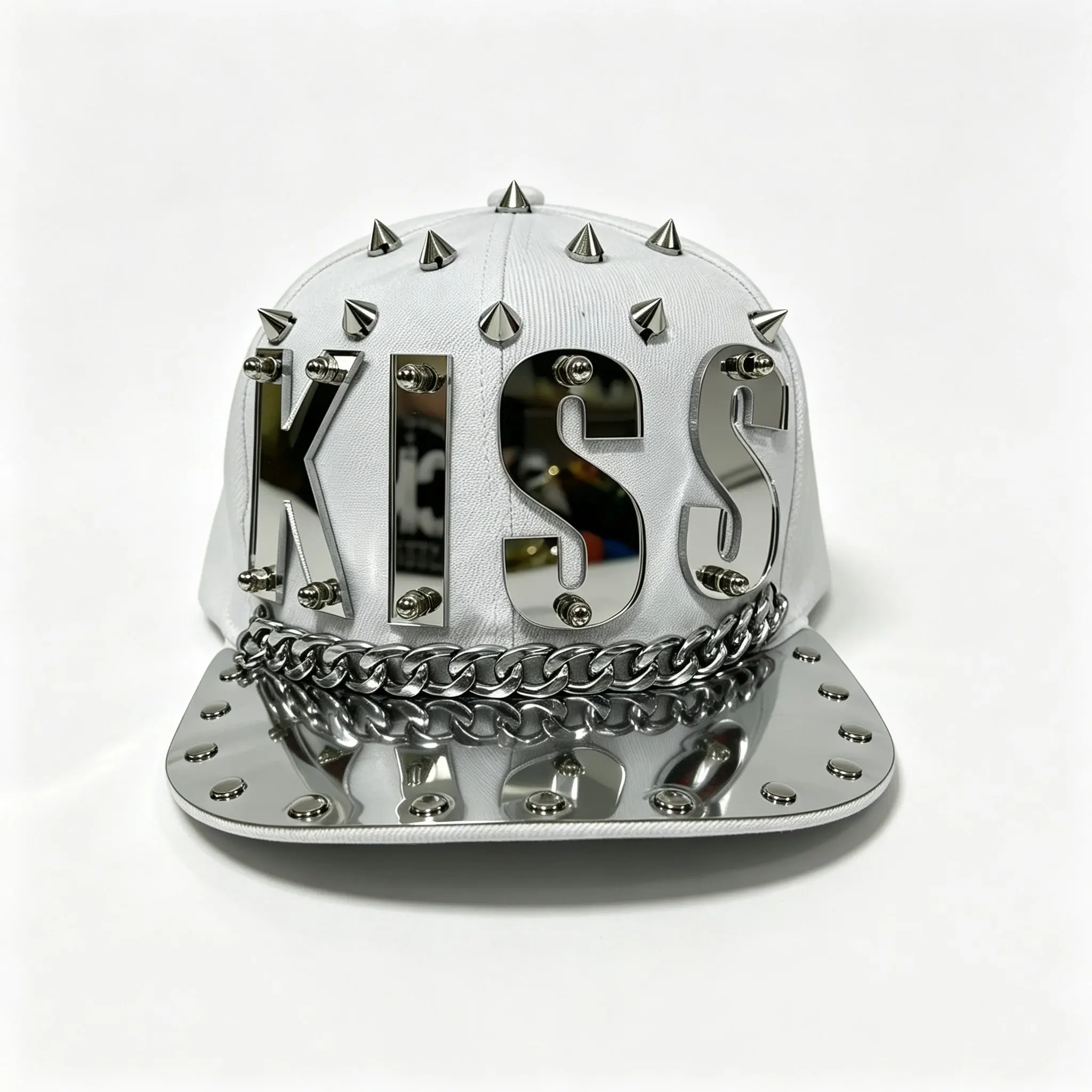 European and American Street Fashion, Stylish and Unique, Handmade Heavy-Duty Rivet Sewing, Metal Chain, Mirror Surface, Letter Decoration, Rock Nightclub Performance, Flat-Brimmed Hip-Hop Hat