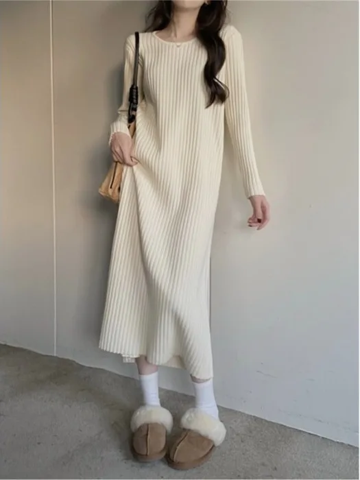 

Ladies Thiened Knitted Dr Lazy Sle Long Sve Loose Feeling Winter New Arrival Ele White Dr for Young Women