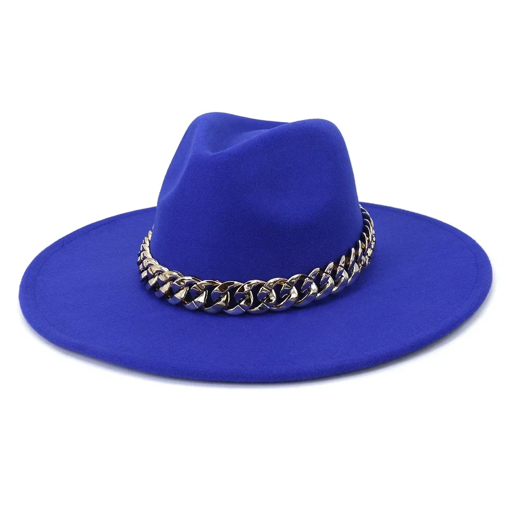 

SHOWERSMILE Extra Wide Fedora Hats for Women Royal Blue Fedora Men Hat Wide Brim Jazz Cap with Golden Chain Belt Vintage Fashion