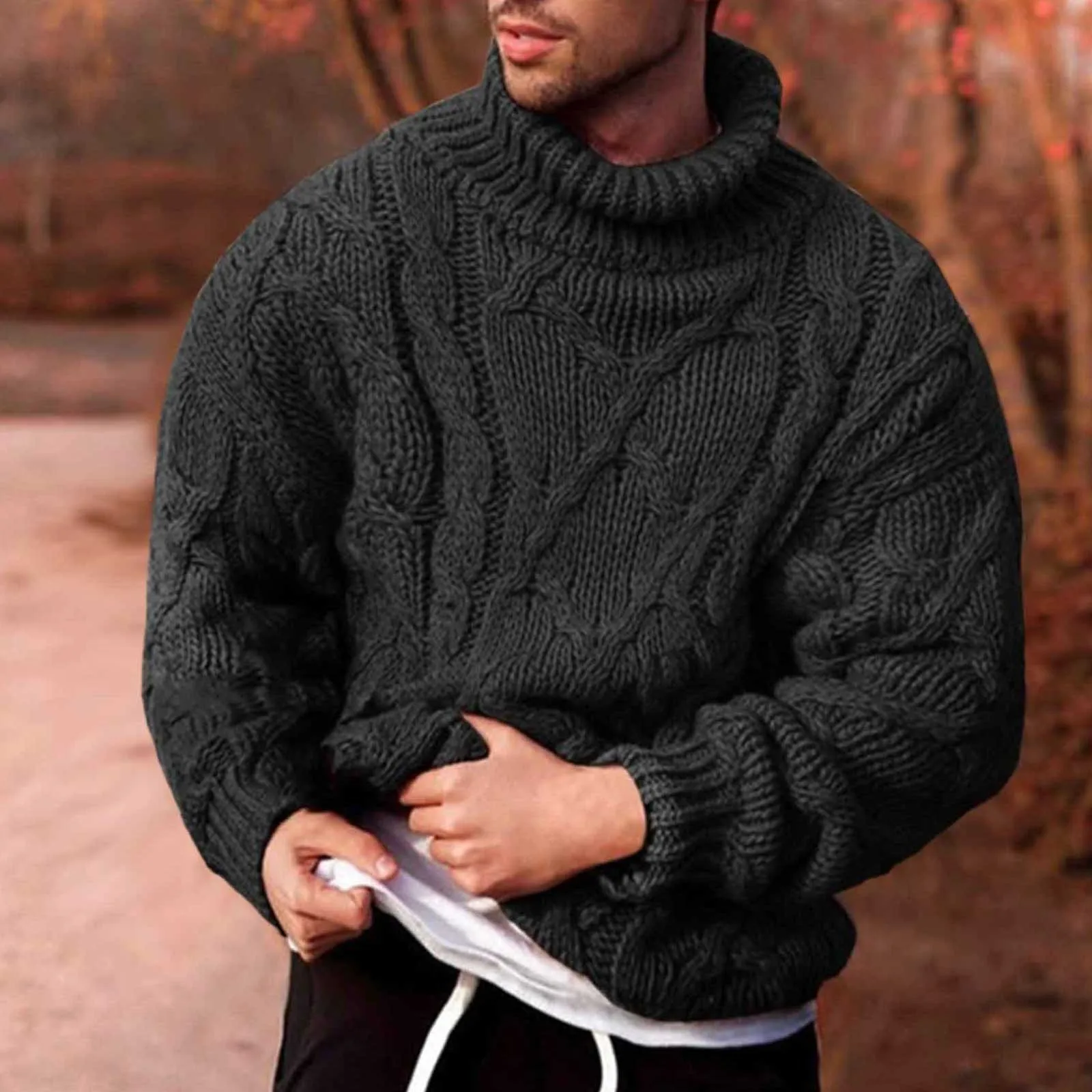 

Male Autumn And Winter Simple Slim Sweater Solid Color Pattern Slim Long Sleeved Turtleneck Sweater Lined Mens Wool Long Coat