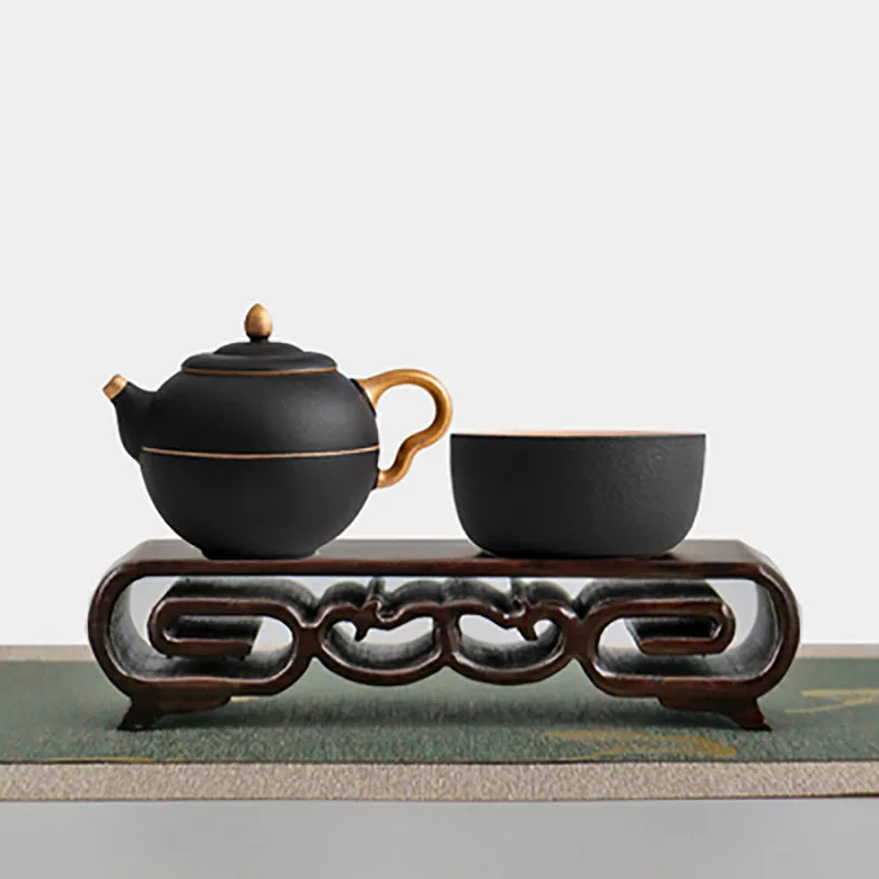 Black rosewood carved with patterns, antique base decorations, purple clay teapot, cup holder, seal holder