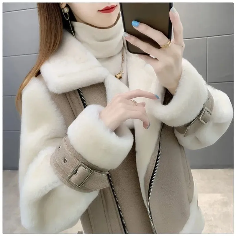 

Winter Fur Jacket Women Faux Rabbit Fur Casual Jackets Thick Warm Motorcycle Zipper Coat Lady Oversize Casual Autumn JacketA1102