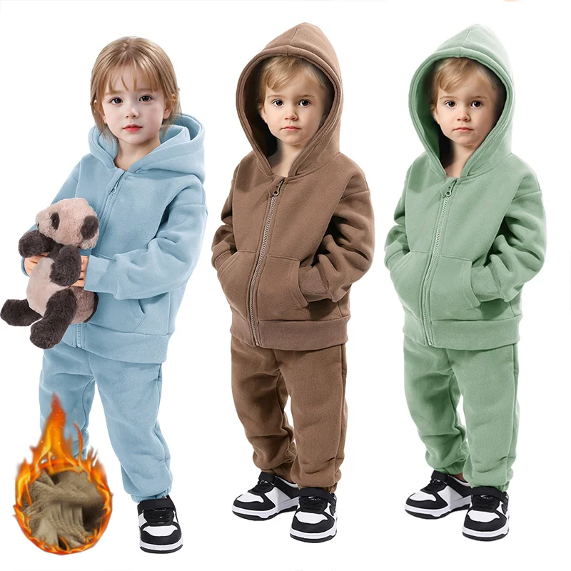 

Children Tracksuit Winter Fleece Thick Warm Hoodies 2 Pieces School Kids Clothes Set Casual Boys Girls Sportswear 2 To 10 Years