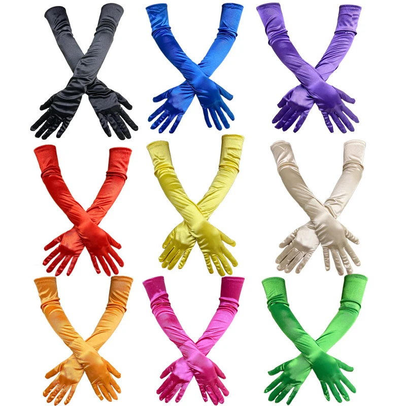 55cm Women Solid Wedding Etiquette Evening Dress Opera/Elbow/Wrist Satin Stretch Long Gloves Retro Party Carnival Cosplay Gloves
