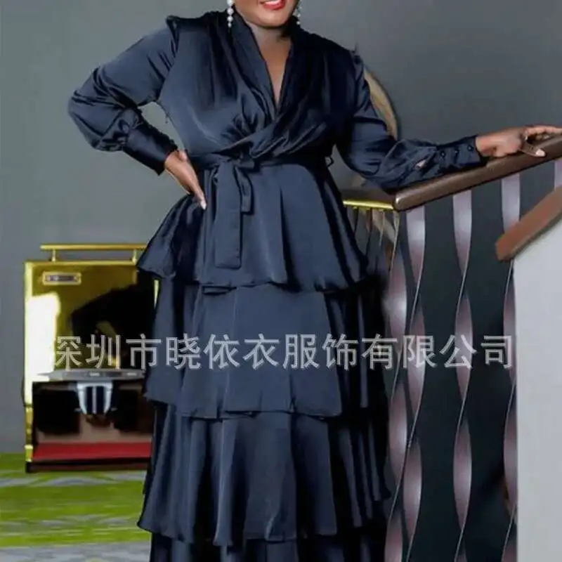 

2025 High waist solid color pullover temperament office lady lace up suit dress