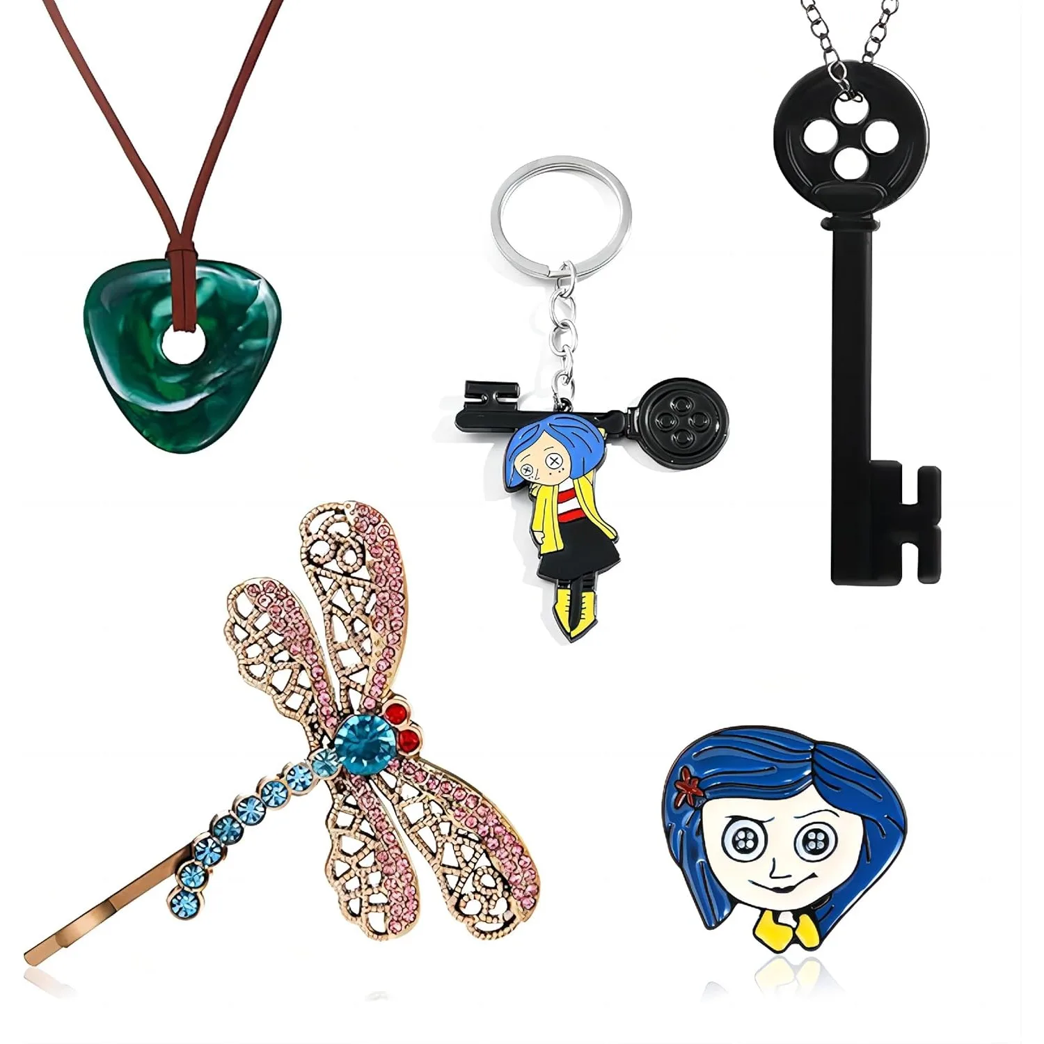 5PCS Accessories Necklaces Key Necklaces Dragonfly Hair Clip Key Chain Pin  Jewelry for Halloween Costume Cosplay Props Dress Up