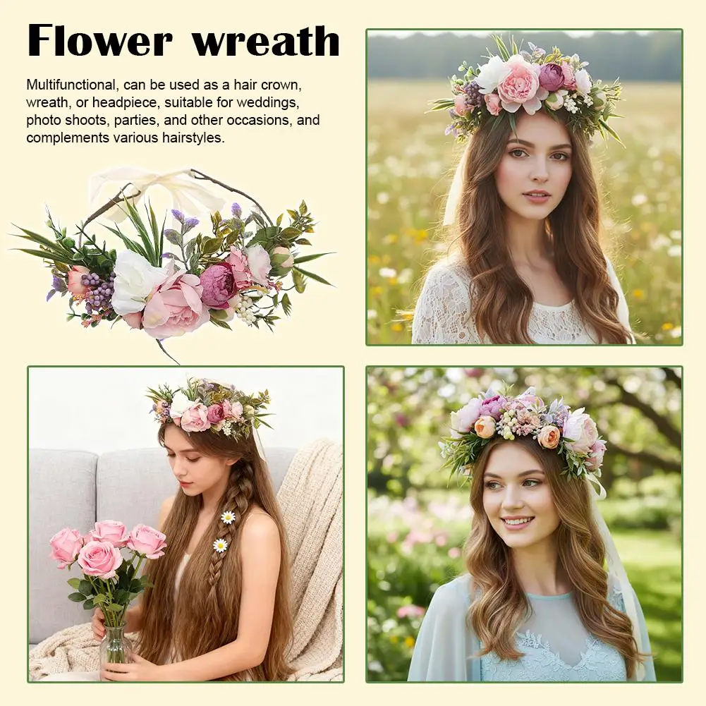 

Sweet Princess Flower Hair Wreath, Floral Boho Headband for Beach Party Wedding, Bridal Bridesmaid Headdress Hairbands D7O3