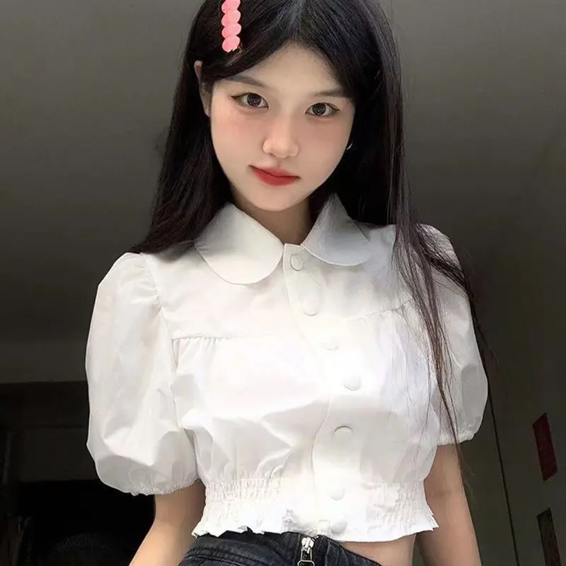 White Preppy Style Shirts Women JK College Lolita Fashion Sweet Girlish Crops Blusas Casual Puff Sleeve Cute Peter Pan Collar