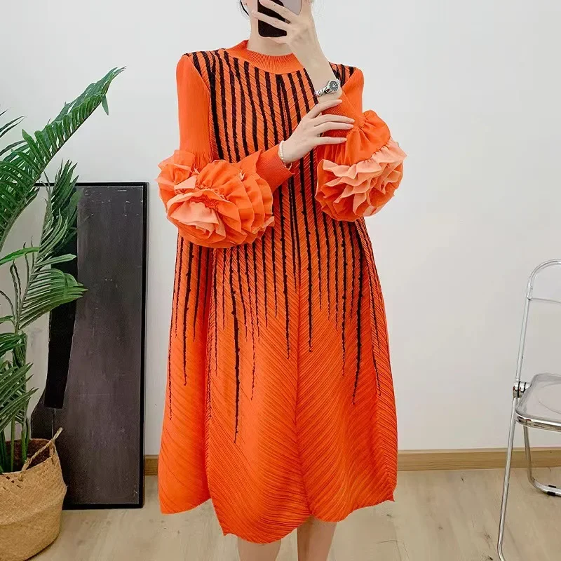 Pleats Pleated Dress Printed Commuter Midi Skirt 2024 Spring and Fall New Collar Hand-shaken Flower Large Size Women's Dresses