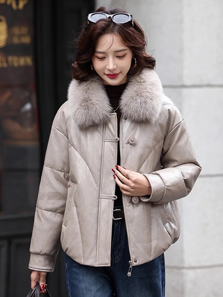Neue Frauen Fuchs Pelz Kragen Split Leder Unten Jacke Winter Mode drehen-unten Kragen Lose Taille Kurze Unten Mantel lässig Warme Mantel