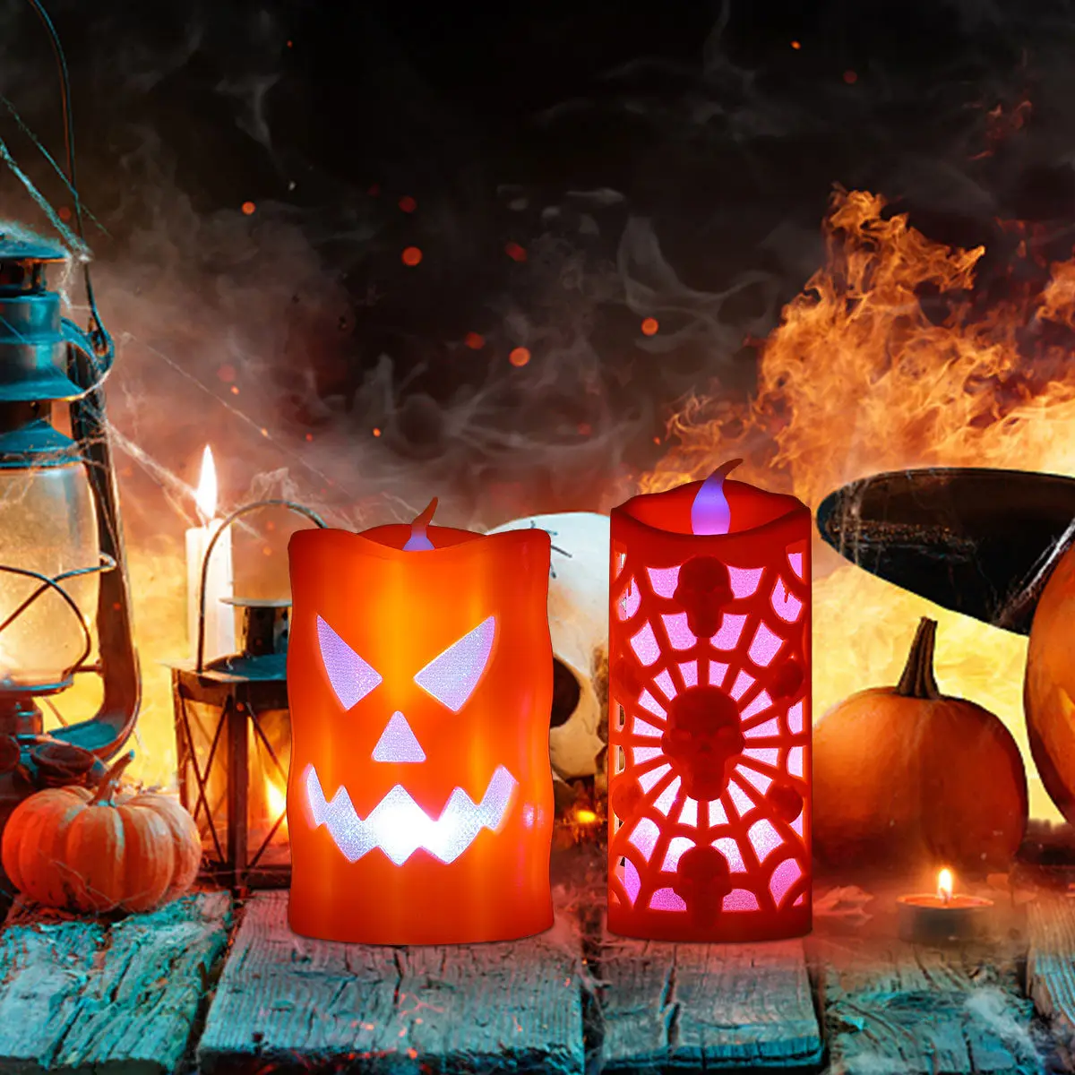 2Pcs Halloween Skull LED Lamp Flameless Decorative Lamp for Party Carnival Haunted House Living Room Decoration