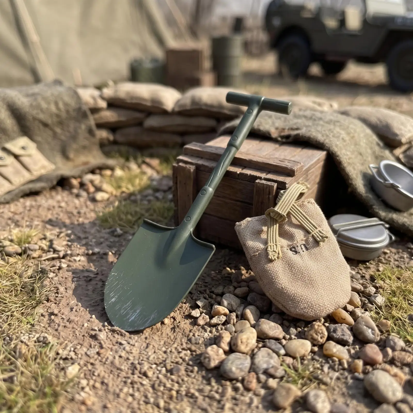 WWII Style Soldier Shovel Miniature with Drawstring Pouch for Historical Figure Collection Scene
