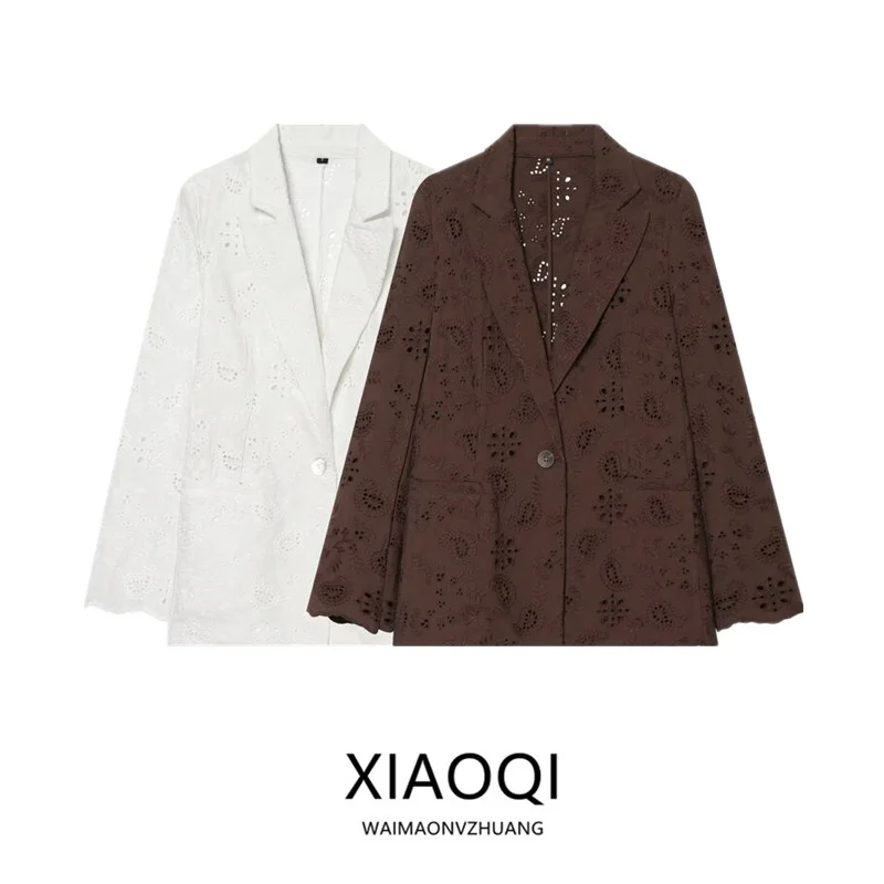 Elegant Long Sleeve Embroidered Slim Fit Suit Jacket Women's Fashion Spring Summer New Arrival Hollow out Design Button Closure