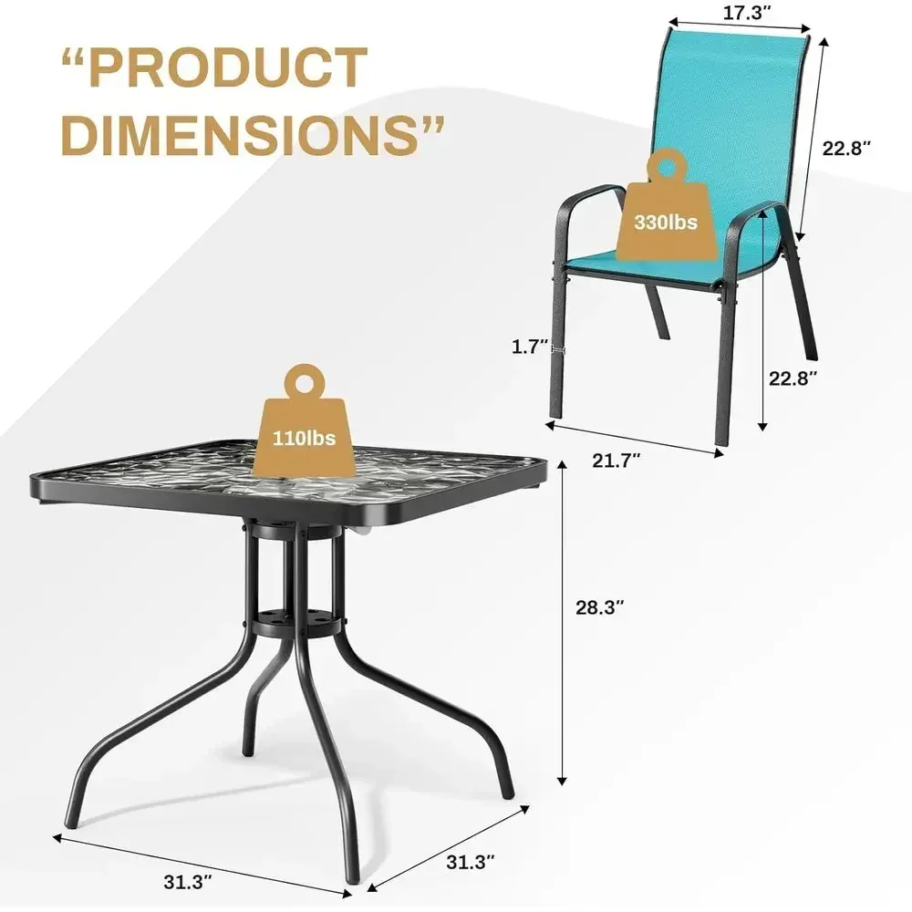 5-Piece Outdoor Dining Set with 4 Chairs and Square Glass Table, Ideal for Porch, Garden, Backyard, and Poolside (Blue)