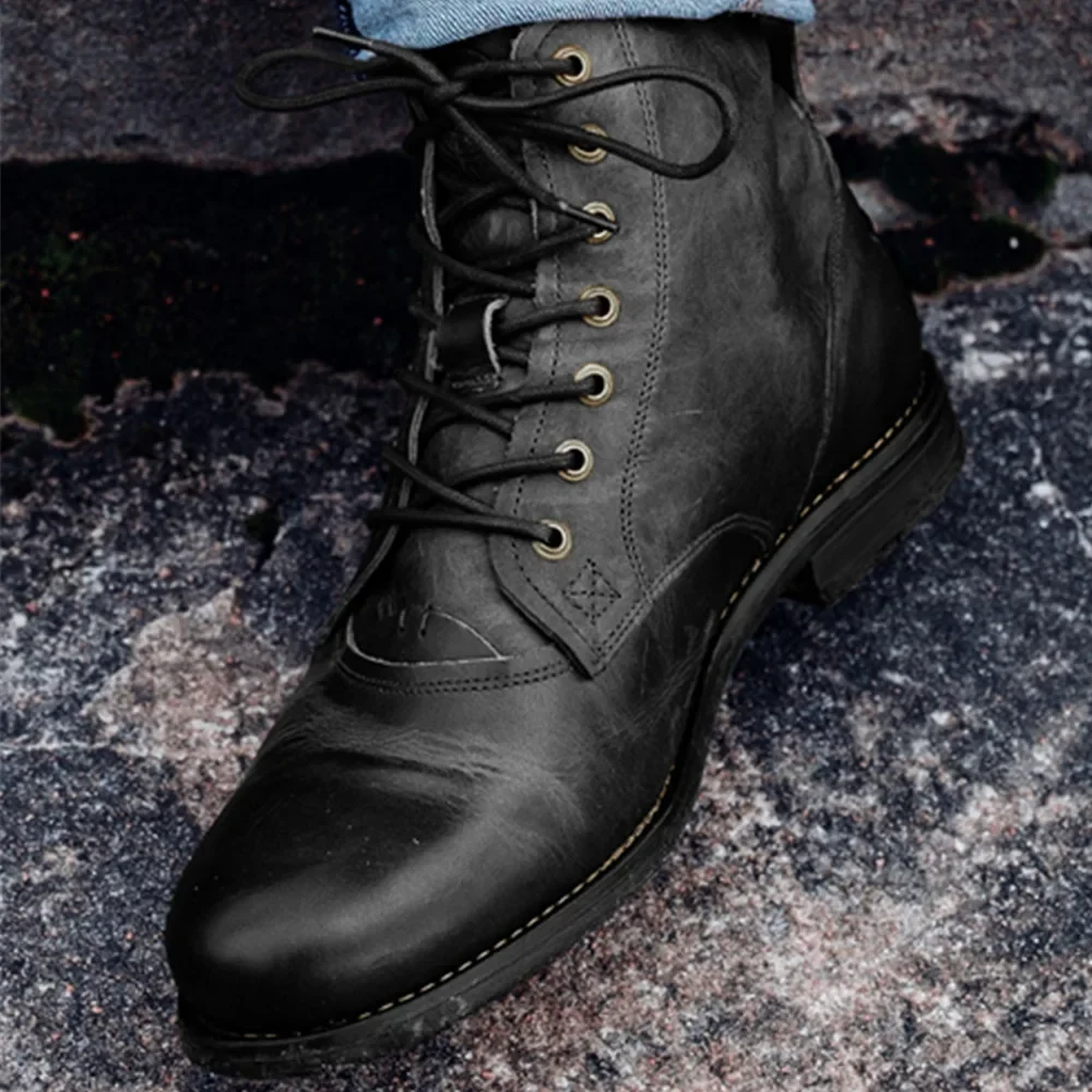 Men Retro Leather Boots Men Non-slip Motorcycle Boots Outdoor Side Zipper Training Ankle Boots Thick Soled Knight Boot Plus Size