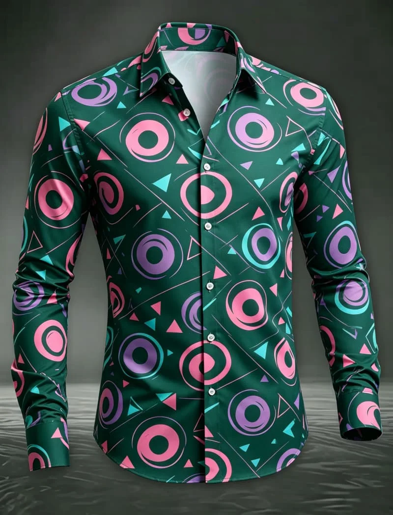 Trendy Men Button‑Up Shirt Retro 70s Disco Concentric Ring Target Art Print Polyester Festival Street Dating