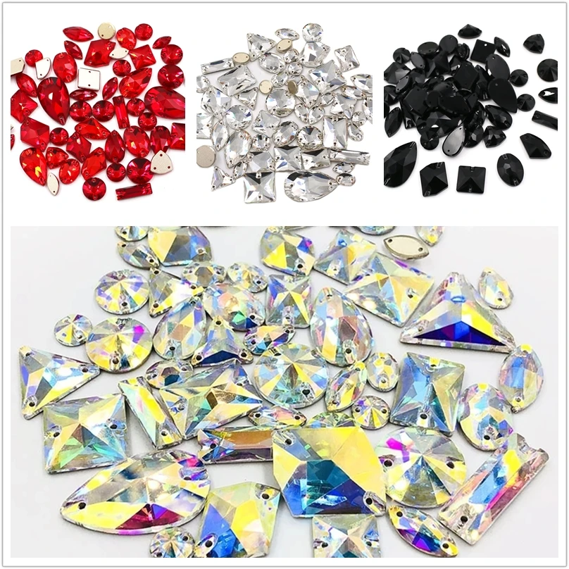 52Pcs/Bag Mixed Shape Flat Bottom Hand-sewn Double Hole K9 Crystal Glass High Quality Sew On Rhinestones DIY Apparel Accessories