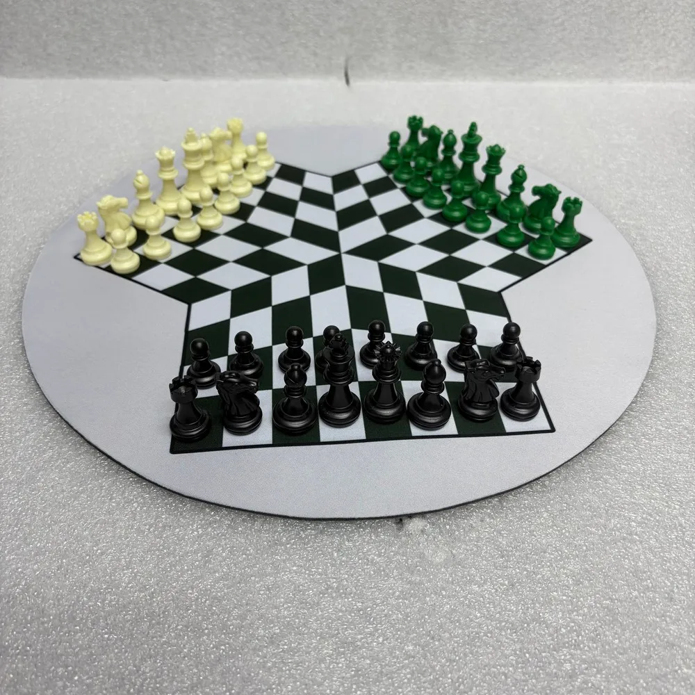 3-Player Chess Set with 48 pcs Pieces, Featuring Three-color High-end Pieces and a Large, Thick Rubber Board