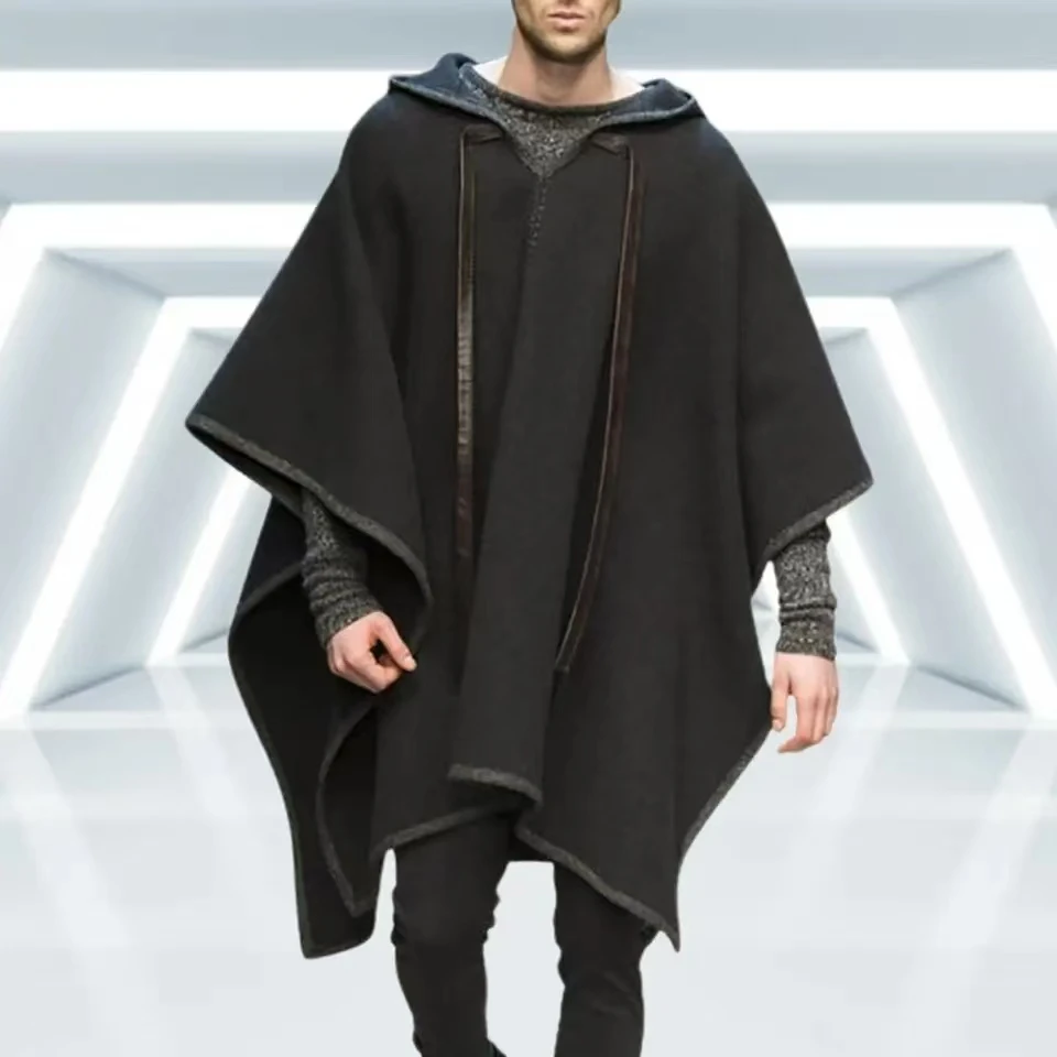 2024 Vintage Poncho Men Oversized Hooded Irregular Cape Shawl Fashion Punk Male Outerwear Coats Cloak Woollen Blends Pullovers