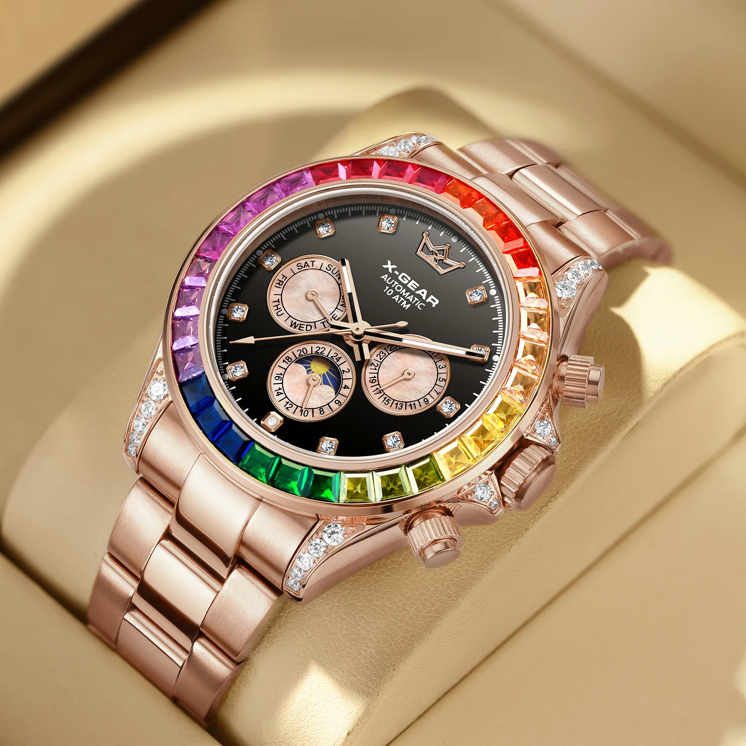X-GEAR Business Luxury Men's Watch Rainbow Gemstone Bezel Waterproof Mechanical Movement Watches reloj hombre Man Watches