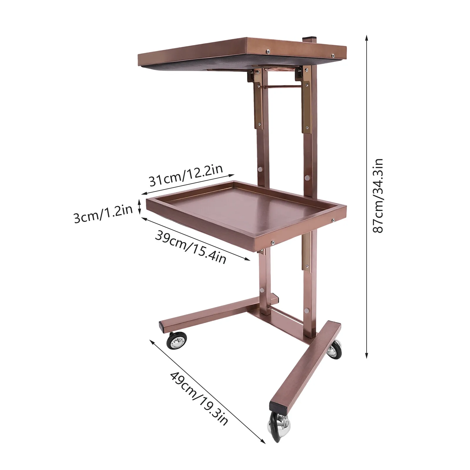 عربة تصفيف الشعر الأنيقة ذات طبقتين، عربة صالون باللون الذهبي الوردي، عربة دوارة من الفولاذ المقاوم للصدأ مع صواني و4 عجلات