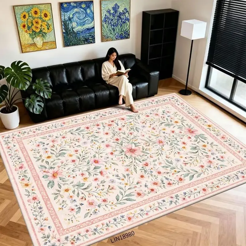VIKAMA Soft Pink Floral Area Rug For Living Room Under Sofa Vintage Flower Large Floor Carpet Home Decor Accent