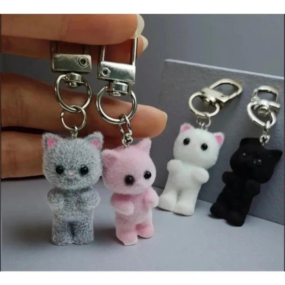 Cute 3D Flocking Kitten Keychain Simulation Animal Hobby Cartoon Doll Girl Keyring Car Bag Purse Phones Pendant Key Ring Gift//