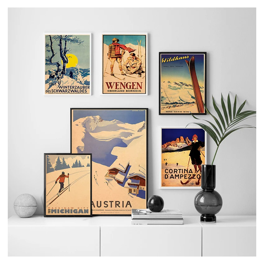Skiing Vintage Wall Kraft Posters Coated Wall Stickers Home Decoration Pictures Gift Canada Ski in Alaska Canvas Painting