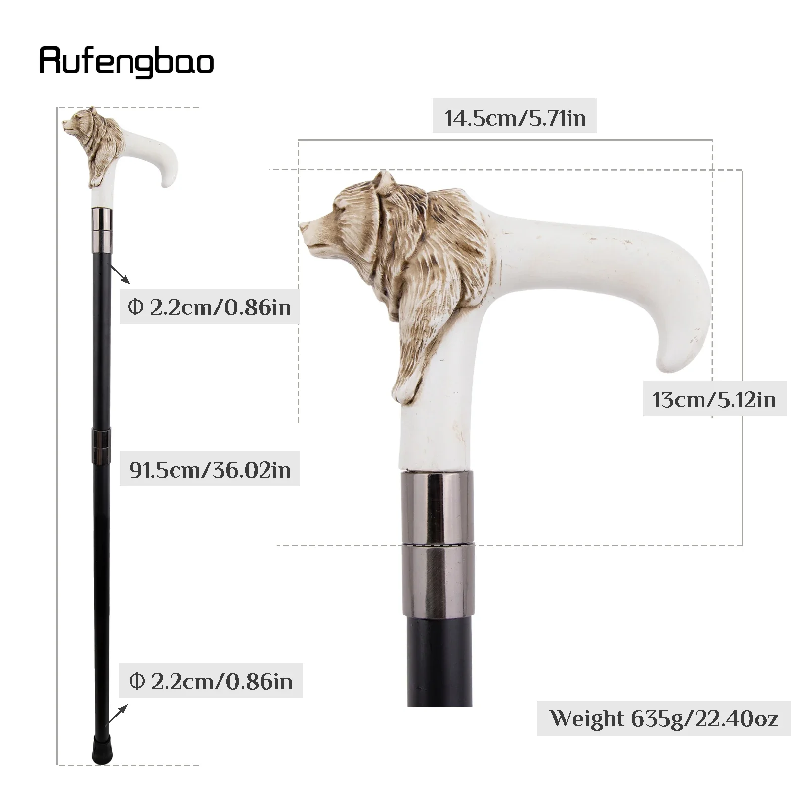 Silver Resin Bear Head White Walking Cane Fashion Decorative Steel Stick Gentleman Decorative Stick For Cosplay 92cm