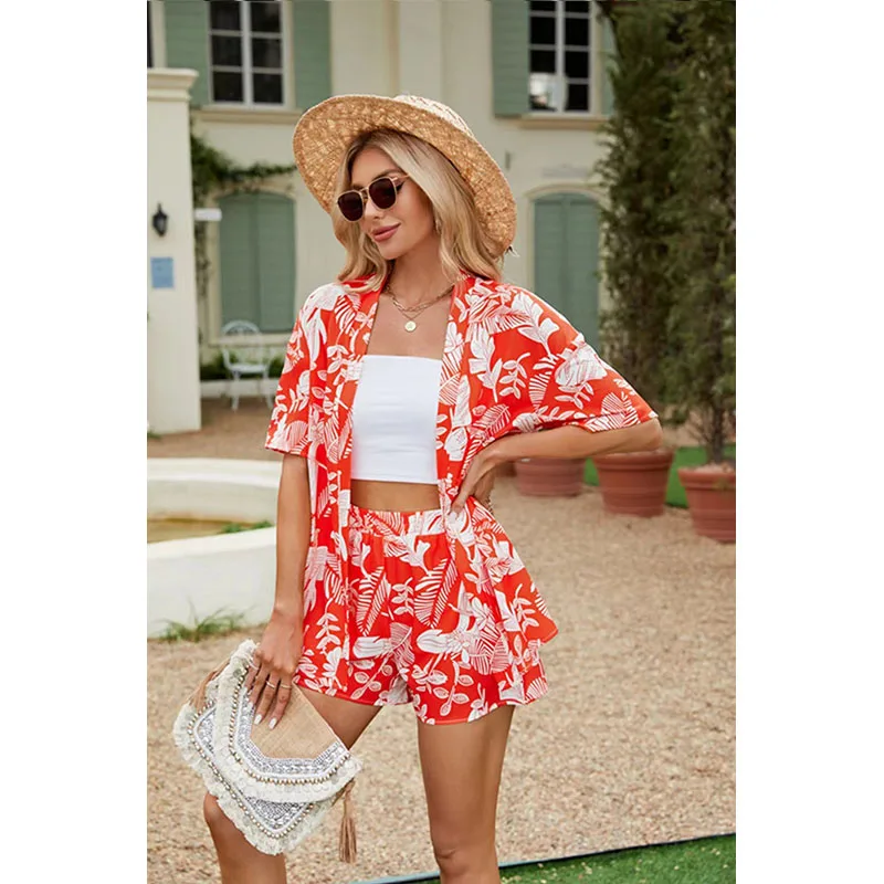 2024 Summer Casual Shirt Two Piece Set For Women Shorts 2 Piece Sets Outfit Print  Short Sleeve Short Sets Outfits Home Sets